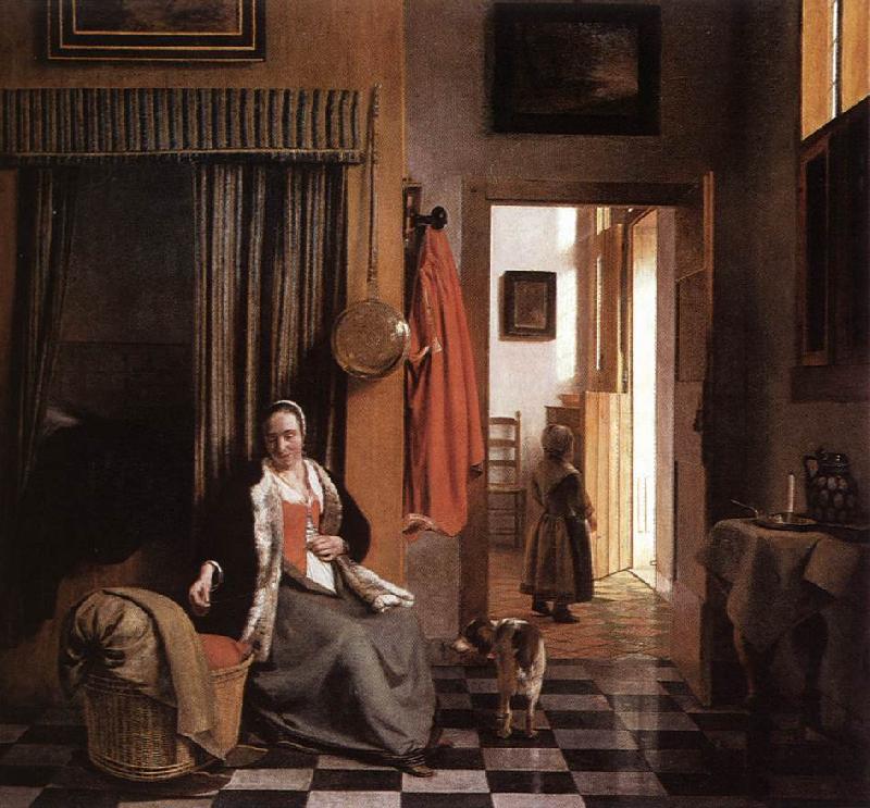 HOOCH, Pieter de Mother Lacing Her Bodice beside a Cradle s oil painting image